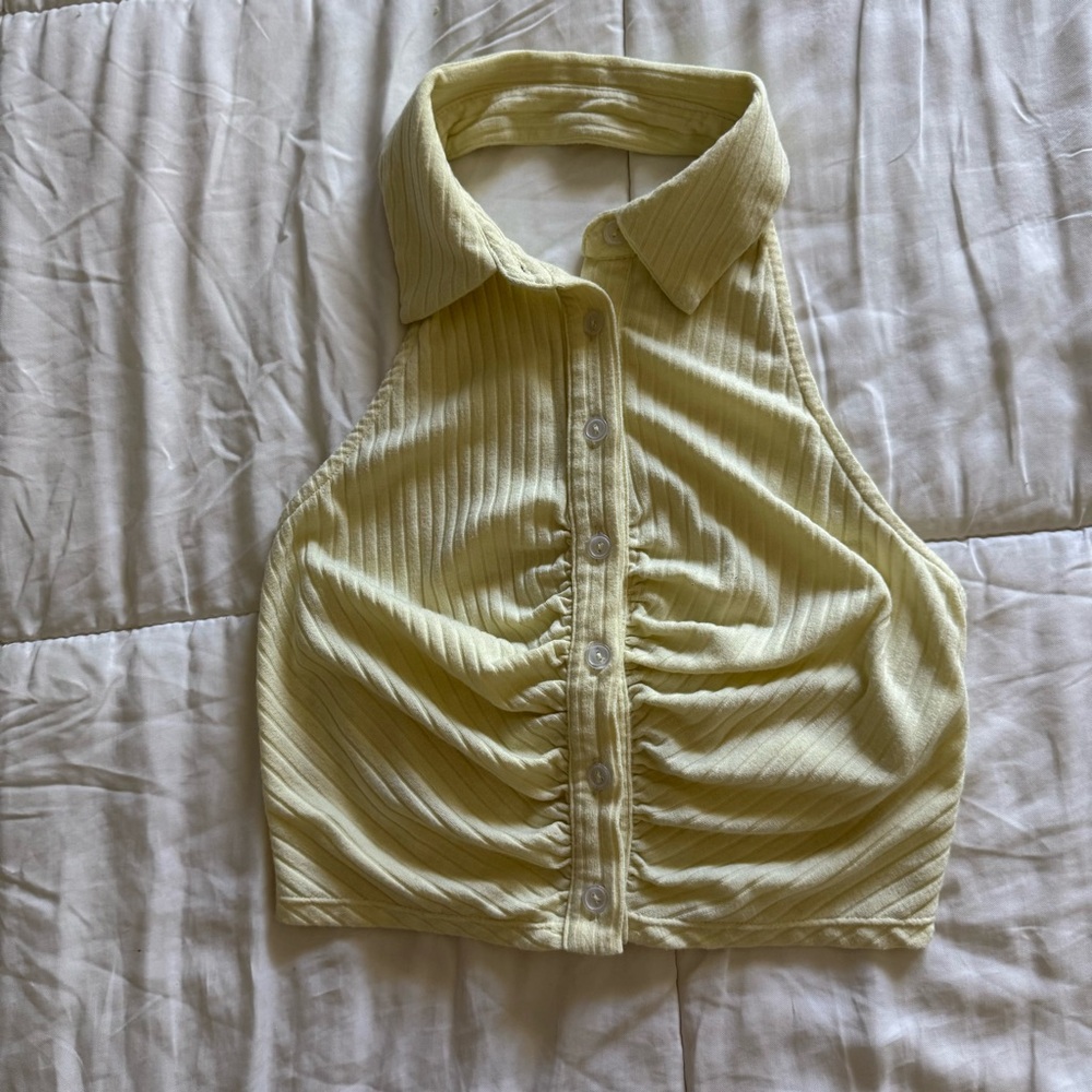 Love & Piece Yellow Ribbed Halter Button Up Collared Crop Top Size S